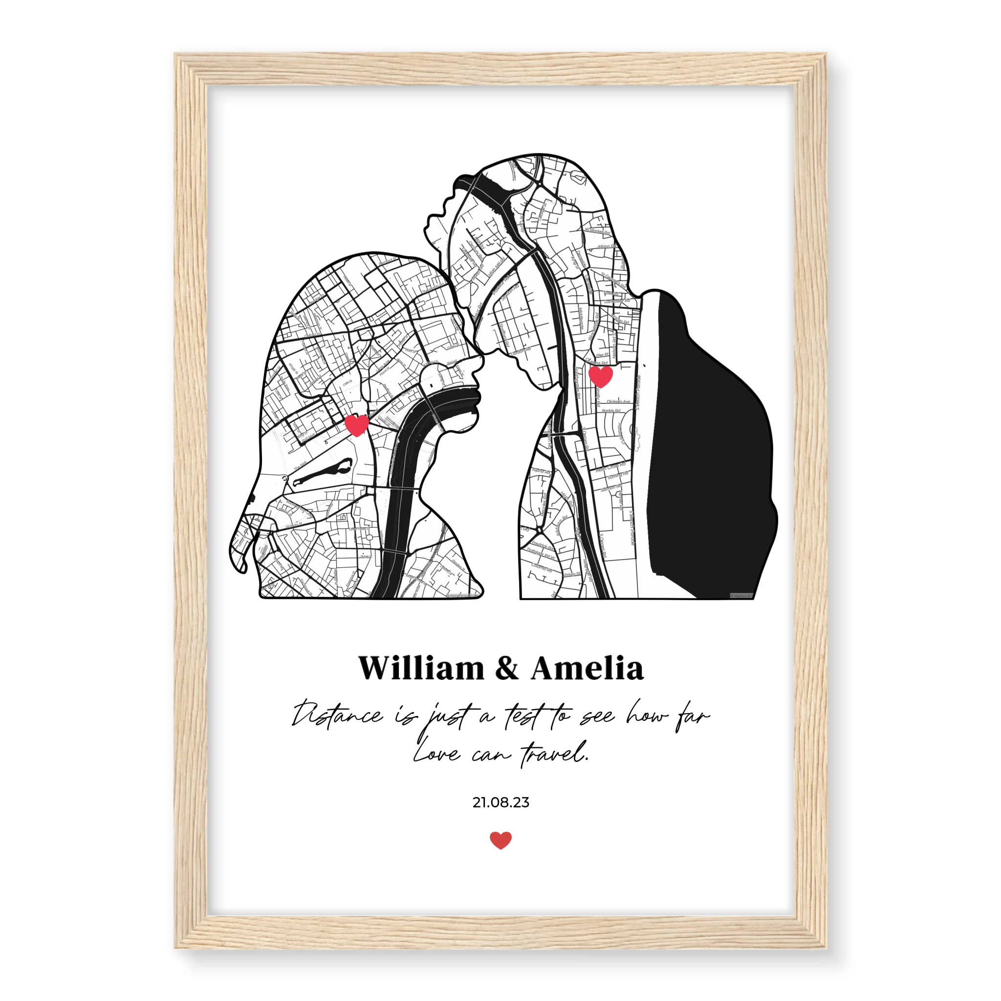 Silhouette of Love personalised poster – personalised silhouette print displayed in home