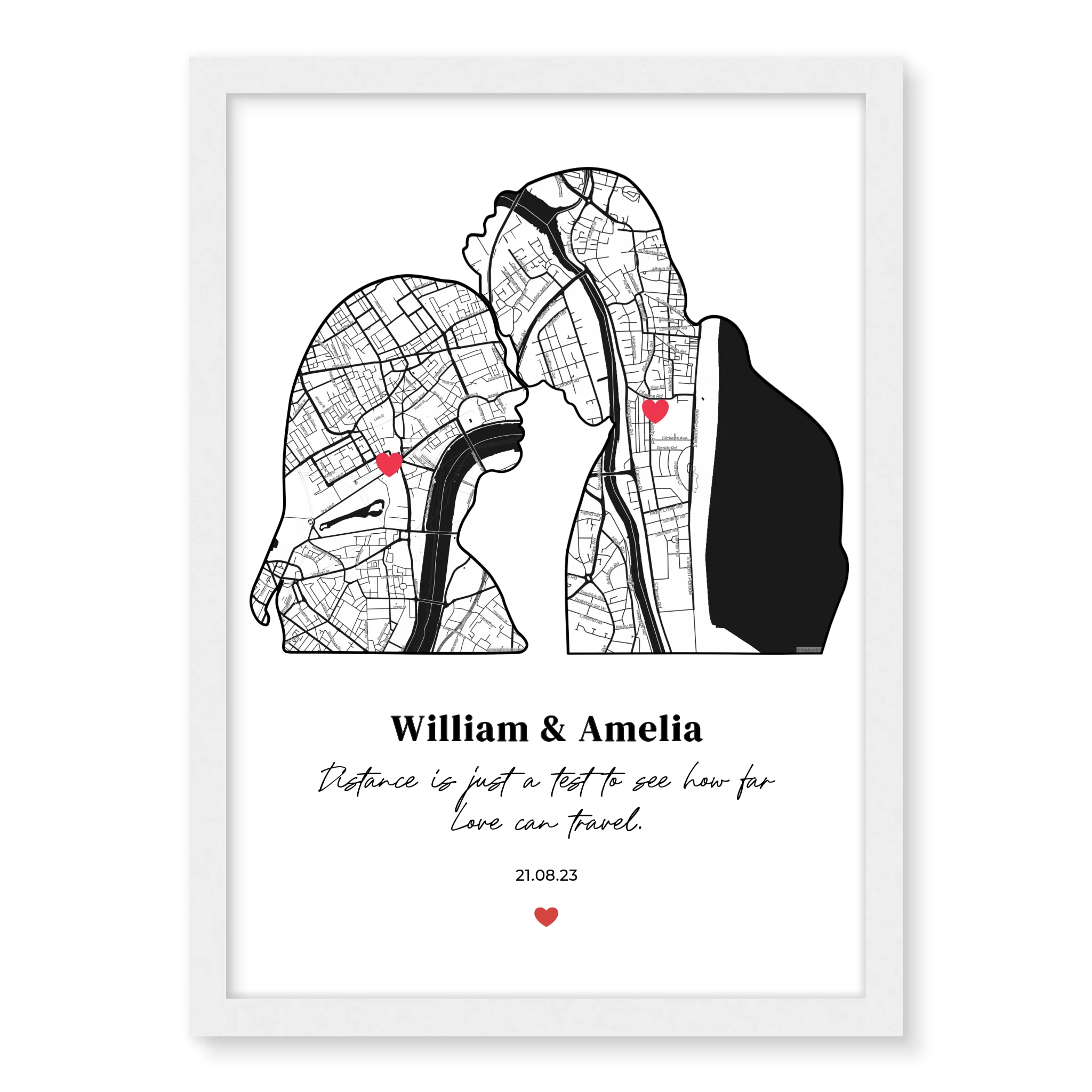 Silhouette of Love personalised poster – custom silhouette print close up detail