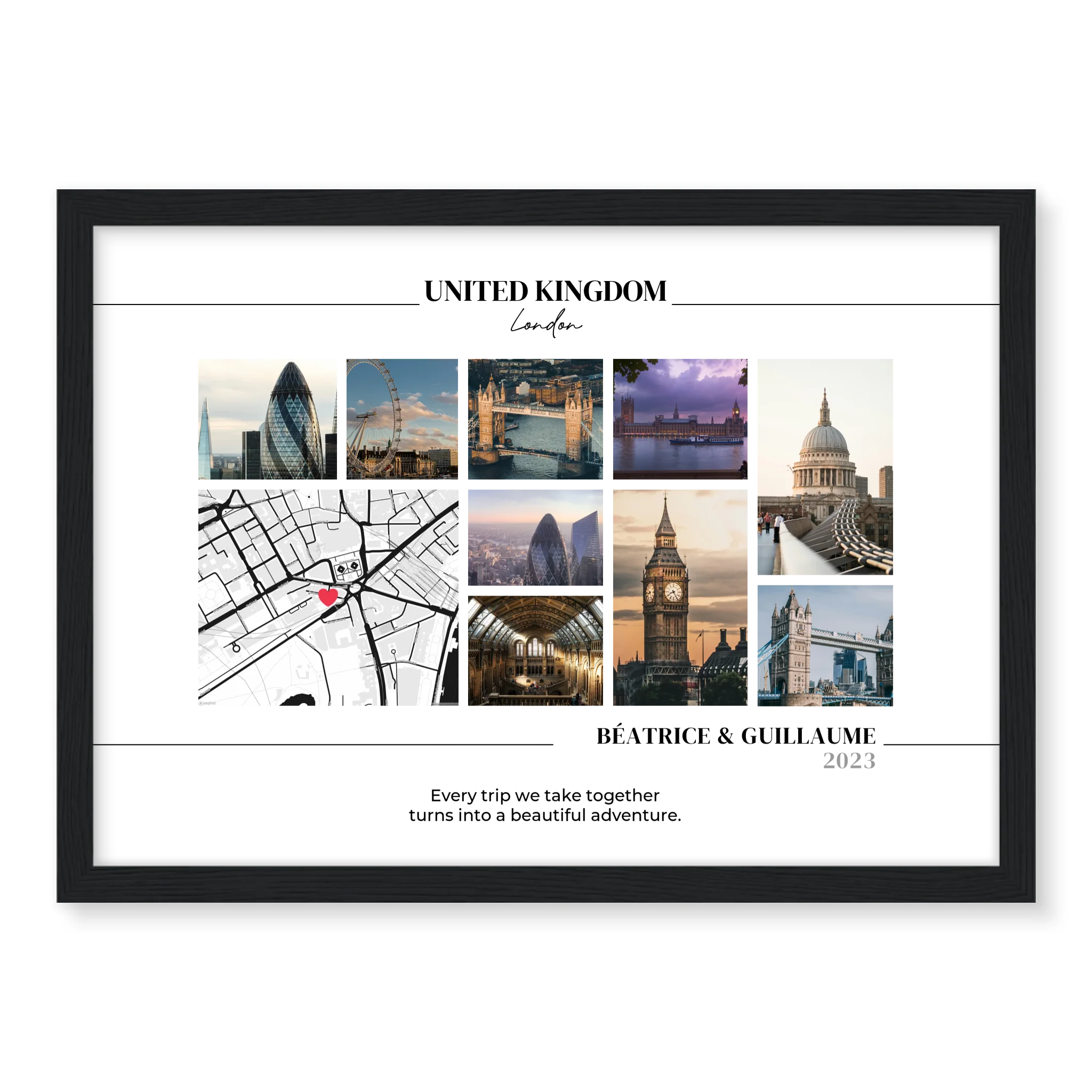 Travel Photos and Map personalised poster – anniversary or birthday gift framed print