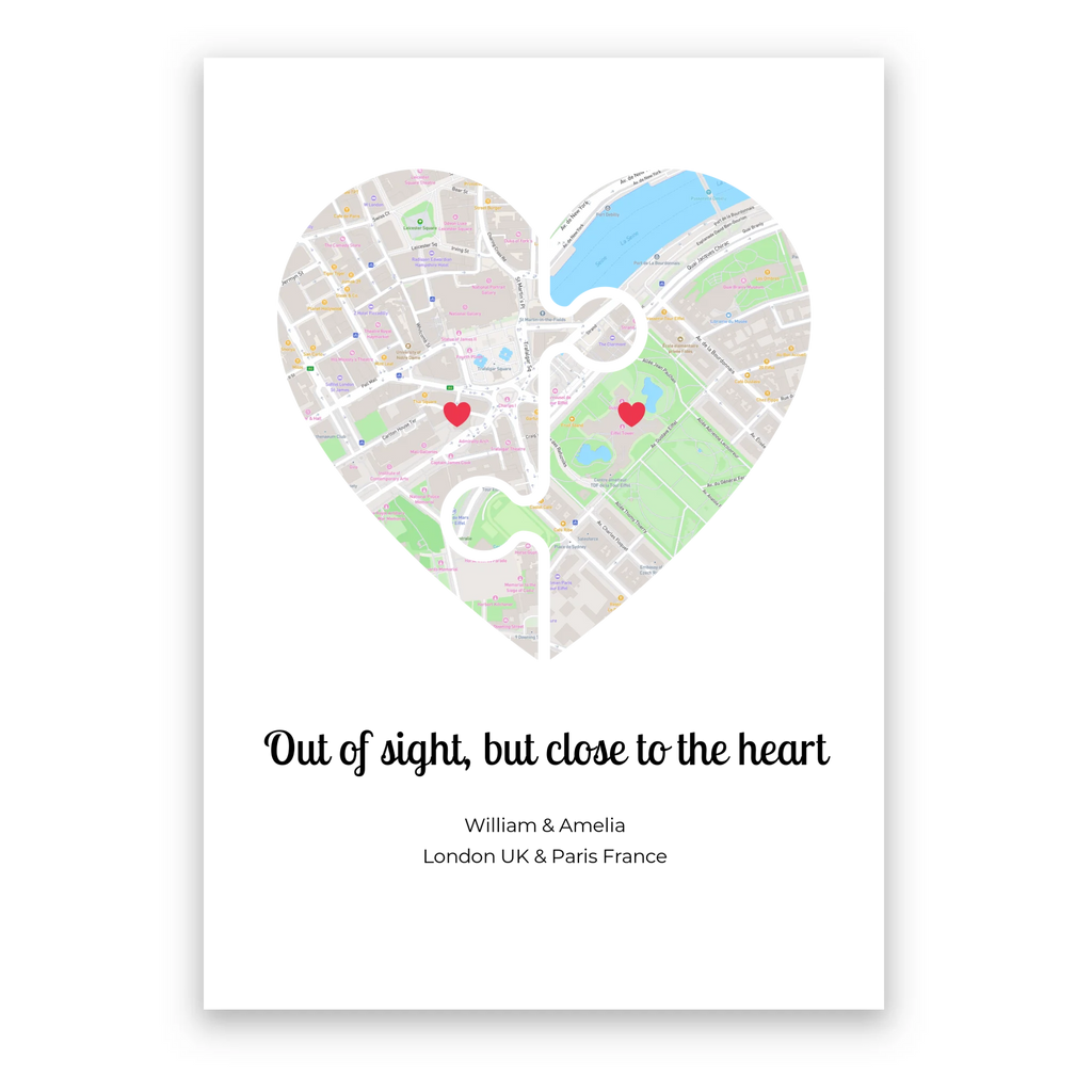 Long Distance Relationship personalised poster – custom dual map print wall art