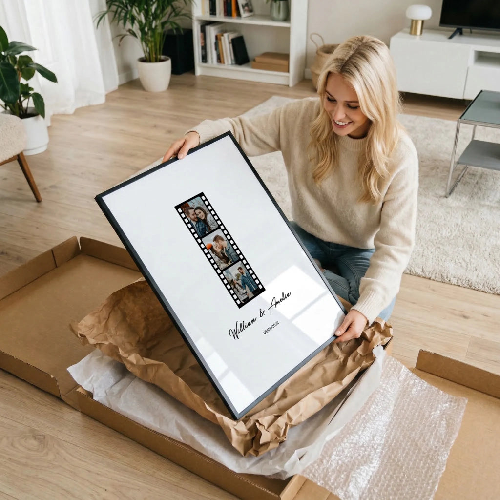 Photo Film personalised poster – personalised film strip design example with custom names and date