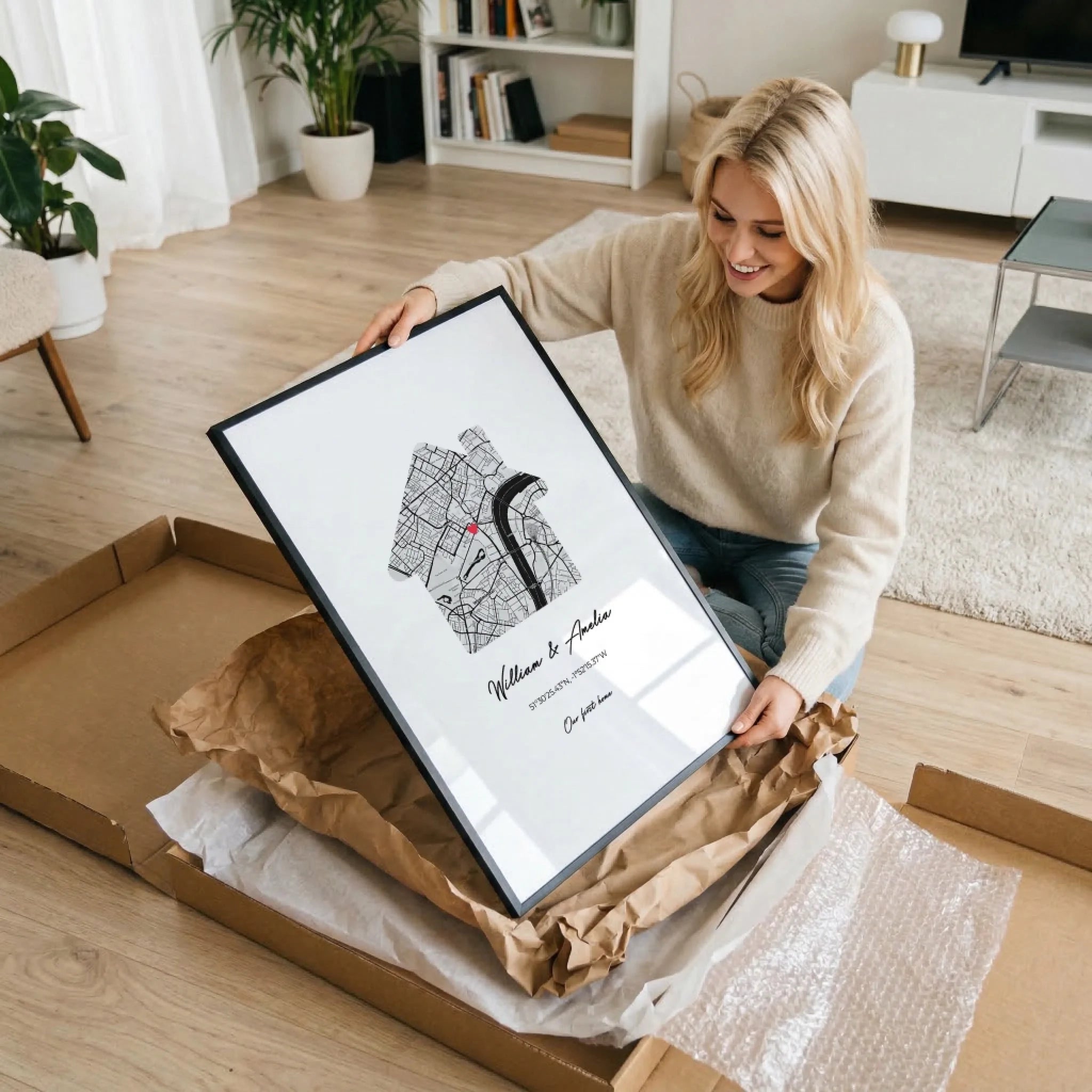 Our First Home personalised poster – personalised home design example with custom names and date