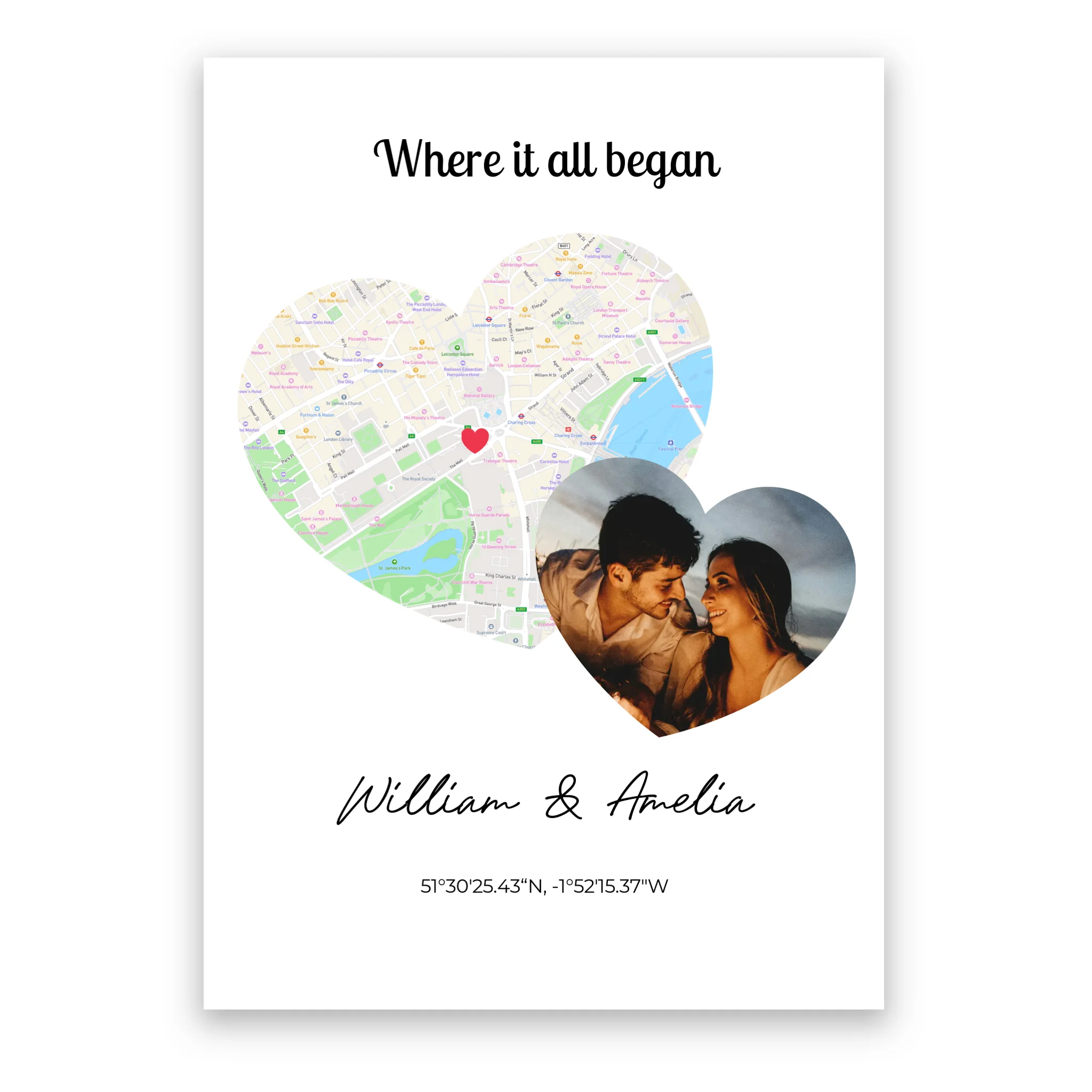 Where It All Began 2 Hearts Map and Photo personalised poster – custom dual-heart location print wall art
