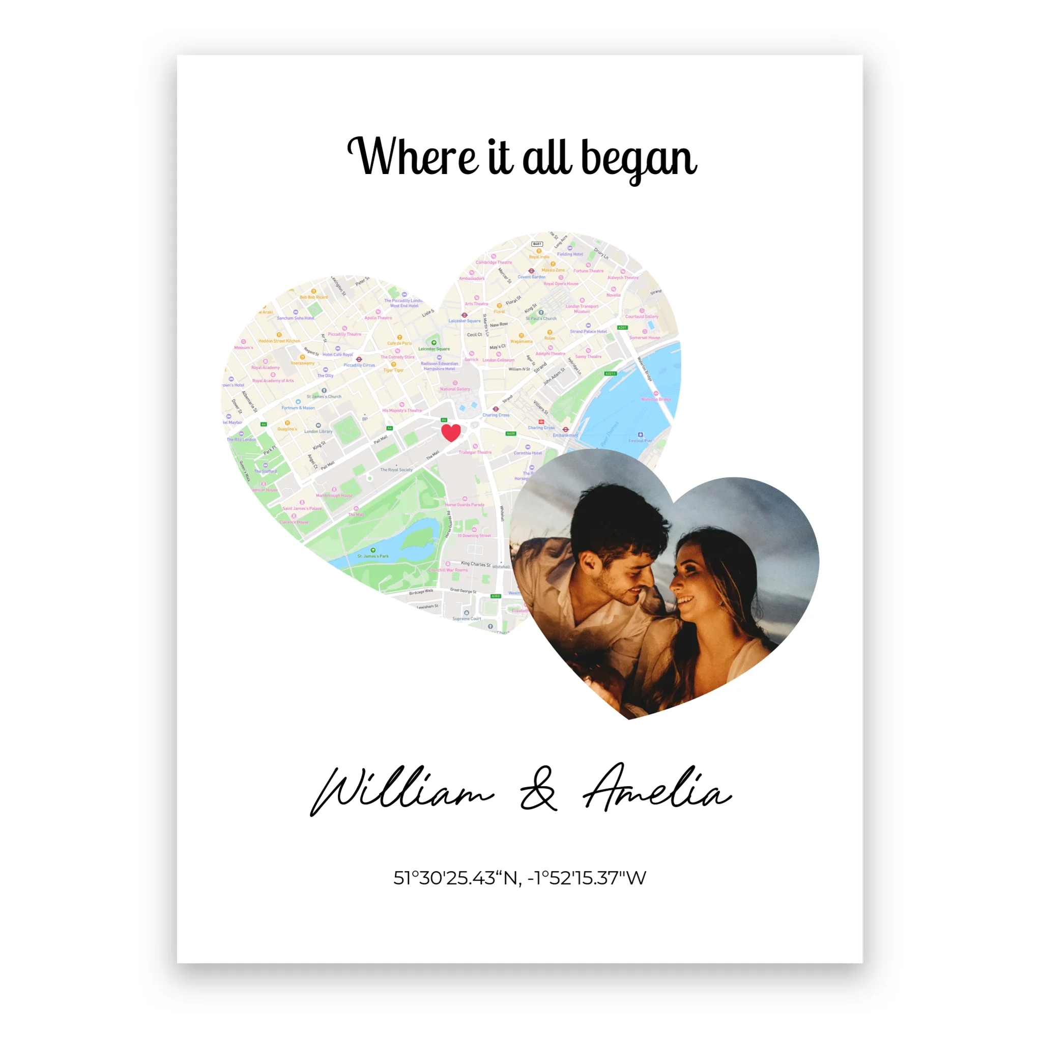 Where It All Began 2 Hearts Map and Photo personalised poster – personalised design example with custom names and photo
