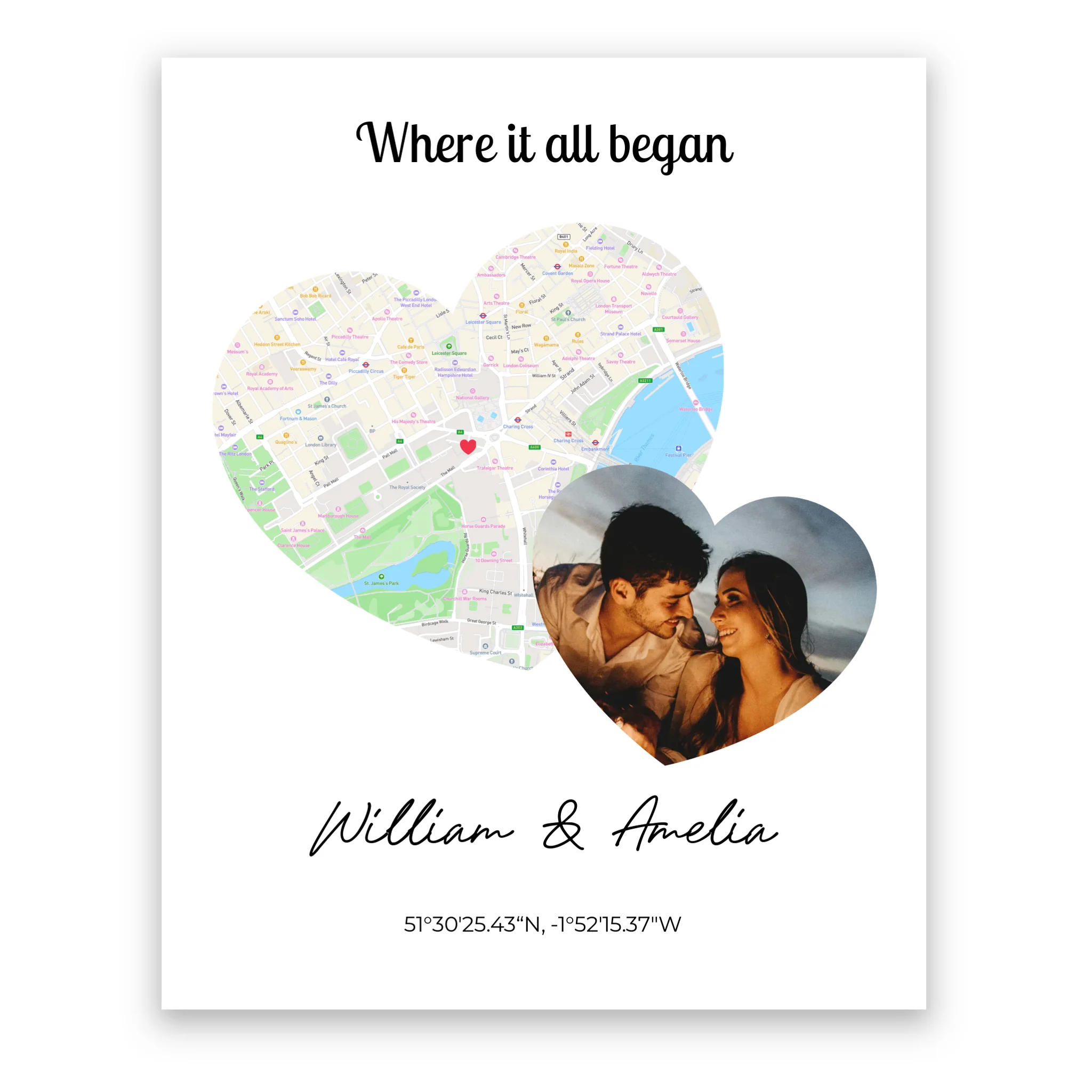 Where It All Began 2 Hearts Map and Photo personalised poster – anniversary or couple gift framed print