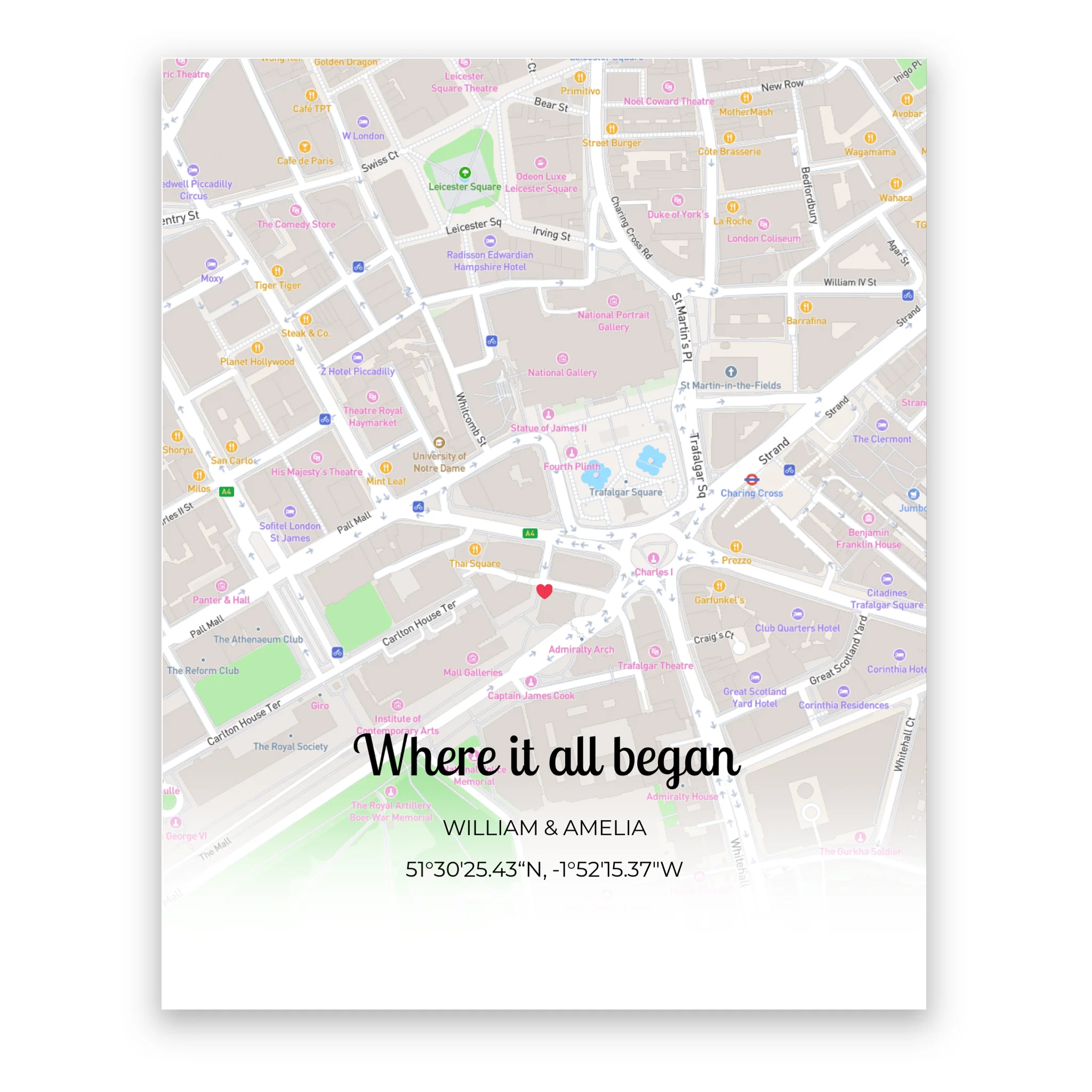 Where It All Began Square personalised map poster – anniversary or wedding gift framed print