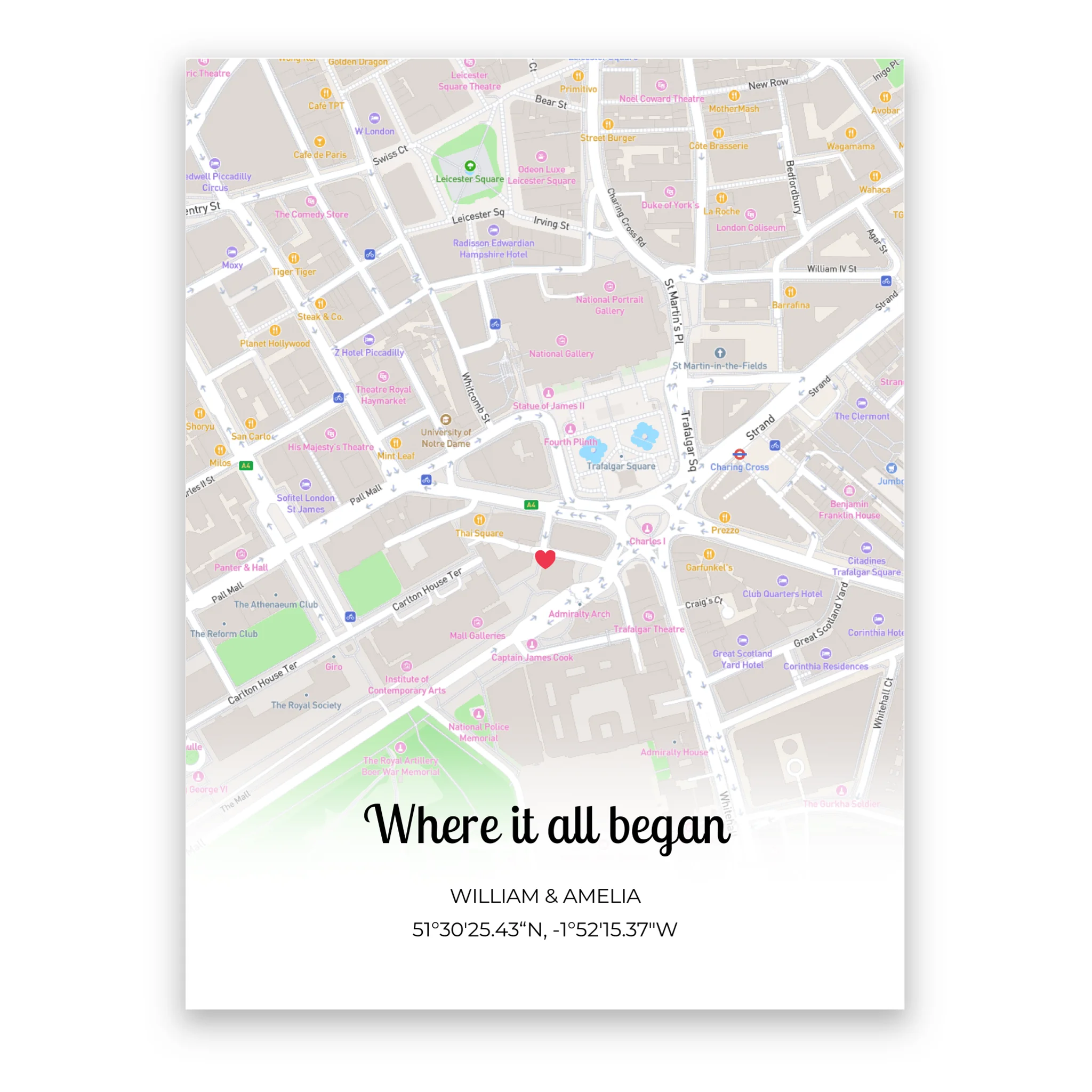 Where It All Began Square personalised map poster – personalised design example with custom names and date