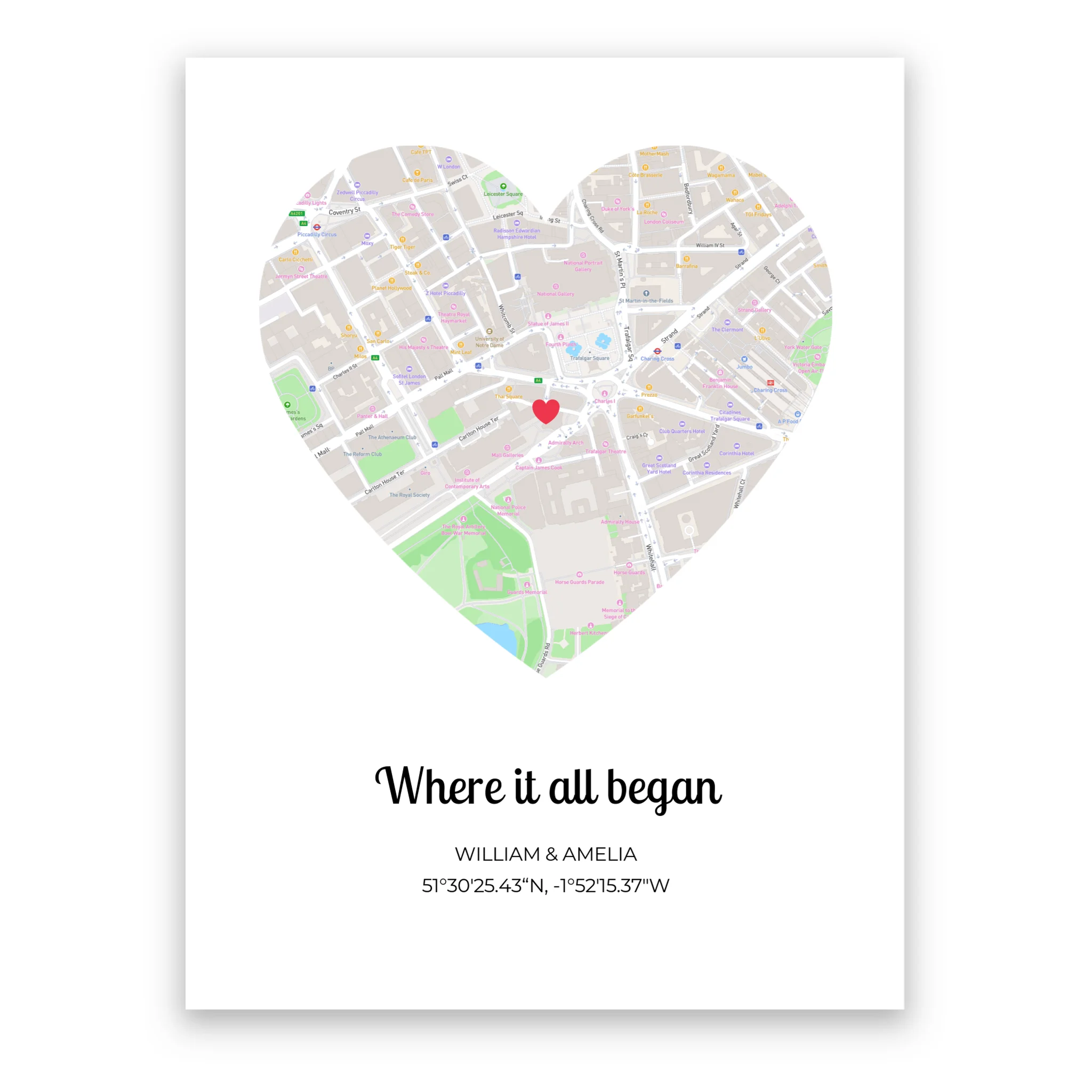 Where It All Began Heart personalised map poster – personalised design example with custom names and date