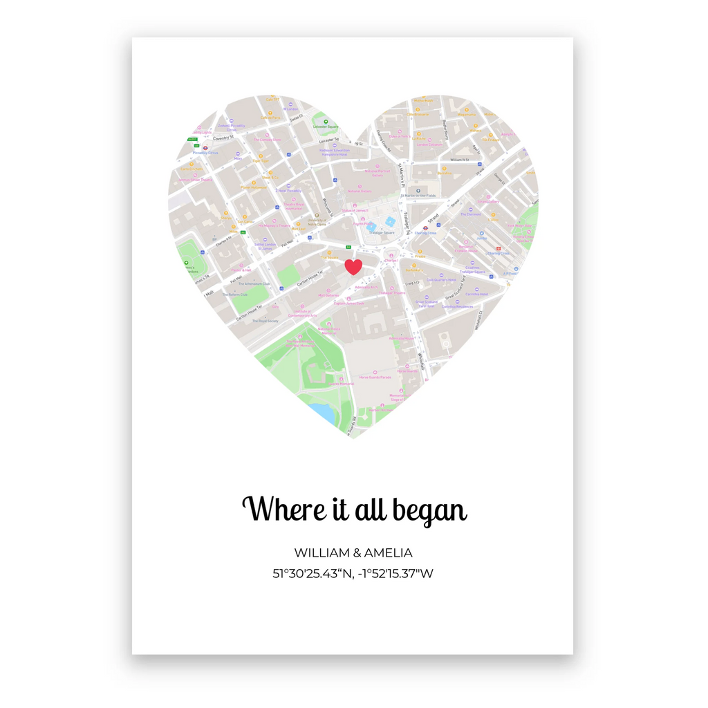 Where It All Began Heart personalised map poster – custom heart-shaped location print wall art
