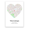 Where It All Began Heart personalised map poster – custom heart-shaped location print wall art