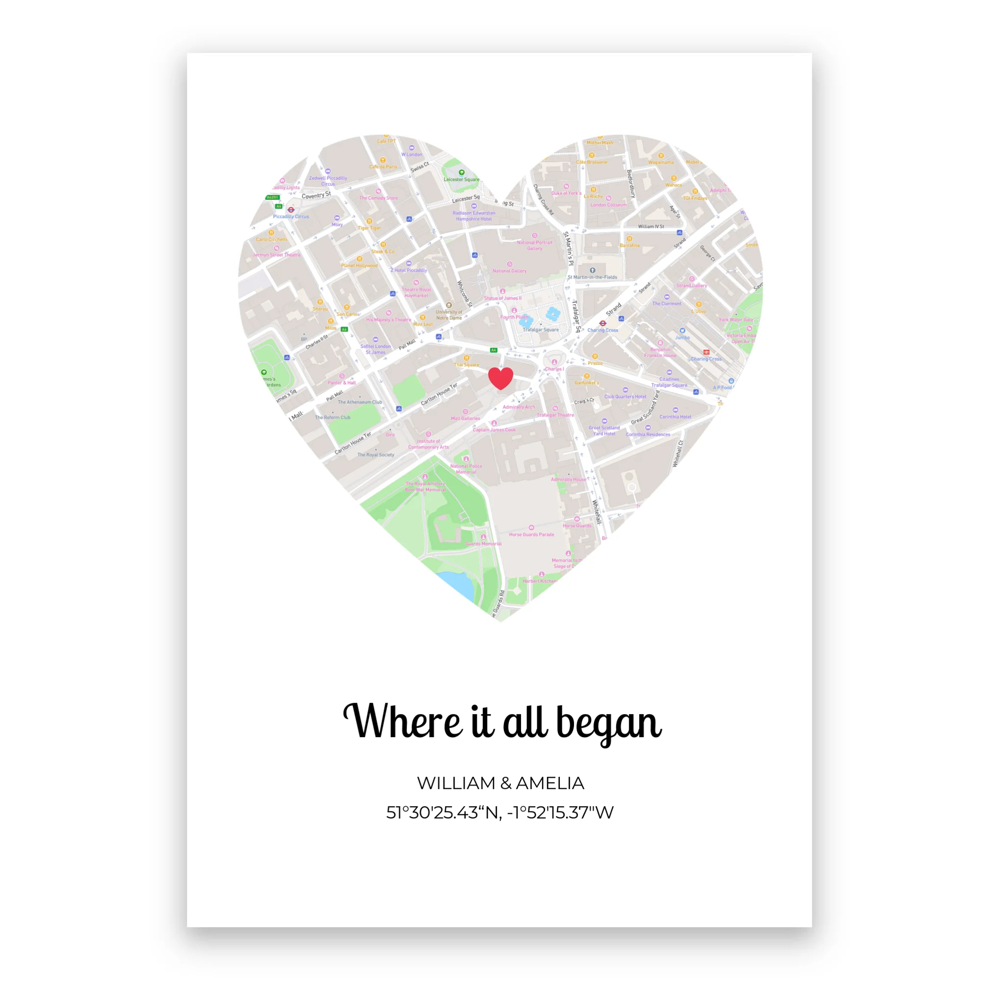 Where It All Began Heart personalised map poster – custom heart-shaped location print wall art