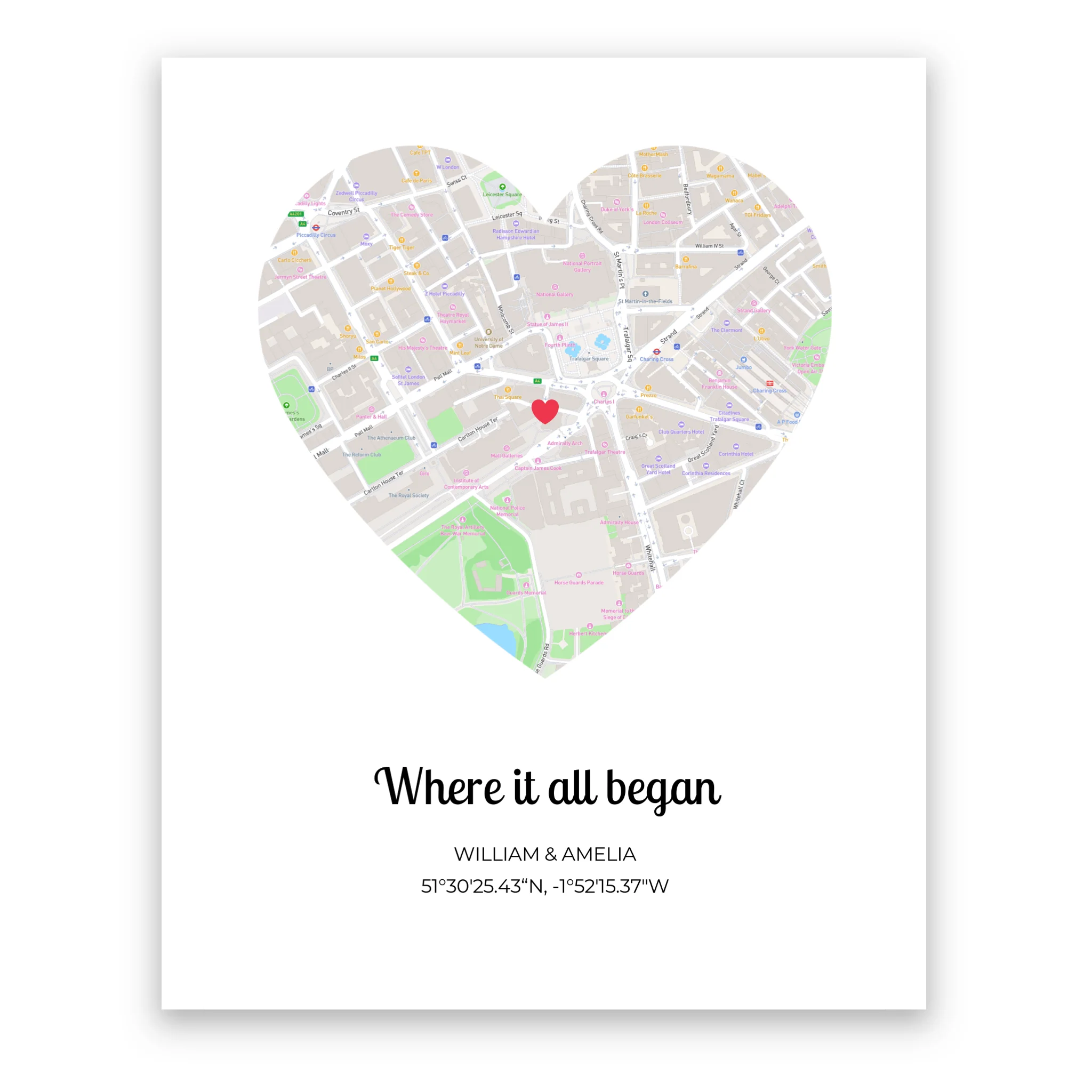 Where It All Began Heart personalised map poster – anniversary or wedding gift framed print