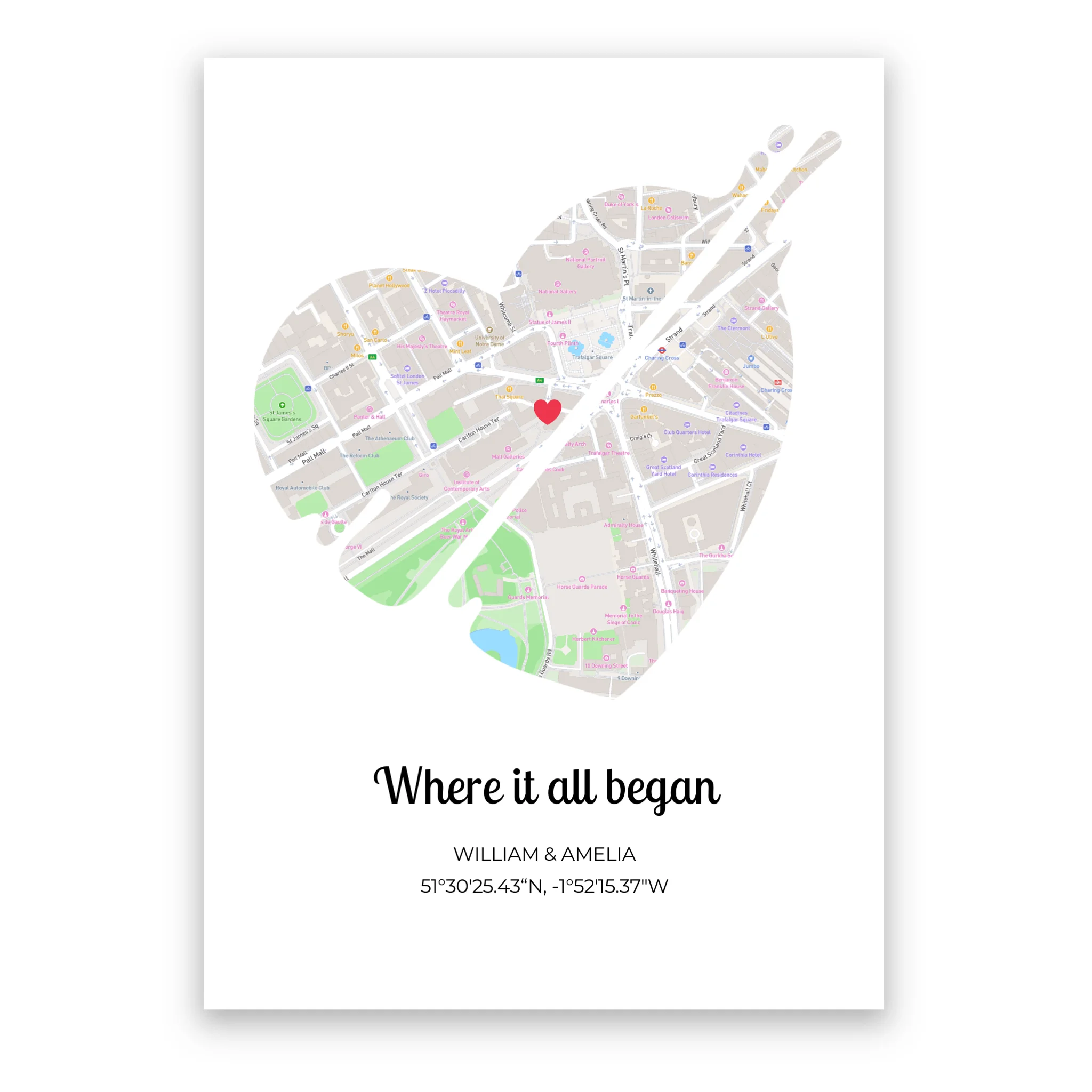 Where It All Began Beating Heart personalised map poster – custom romantic location print wall art