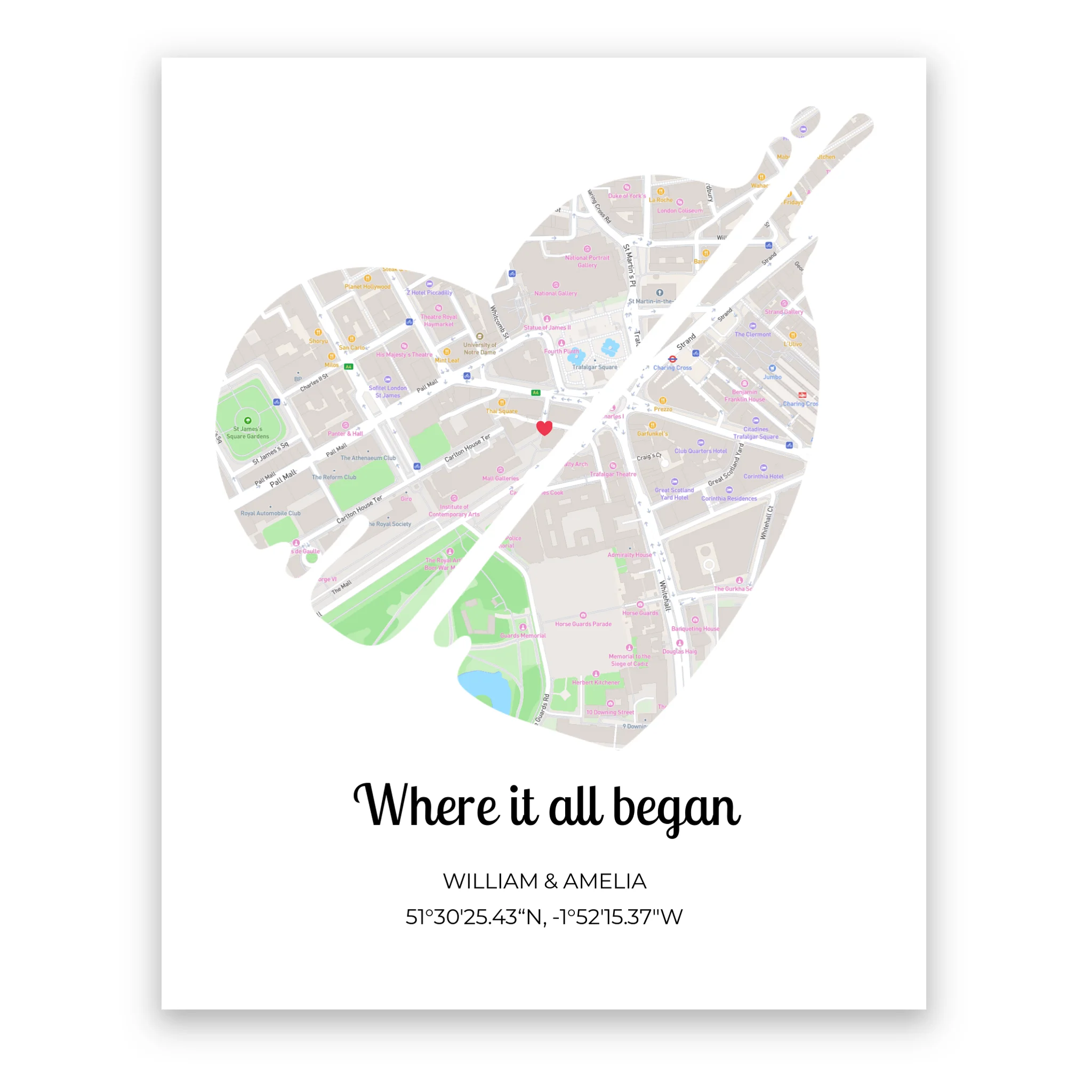 Where It All Began Beating Heart personalised map poster – Valentine's Day or anniversary gift framed print