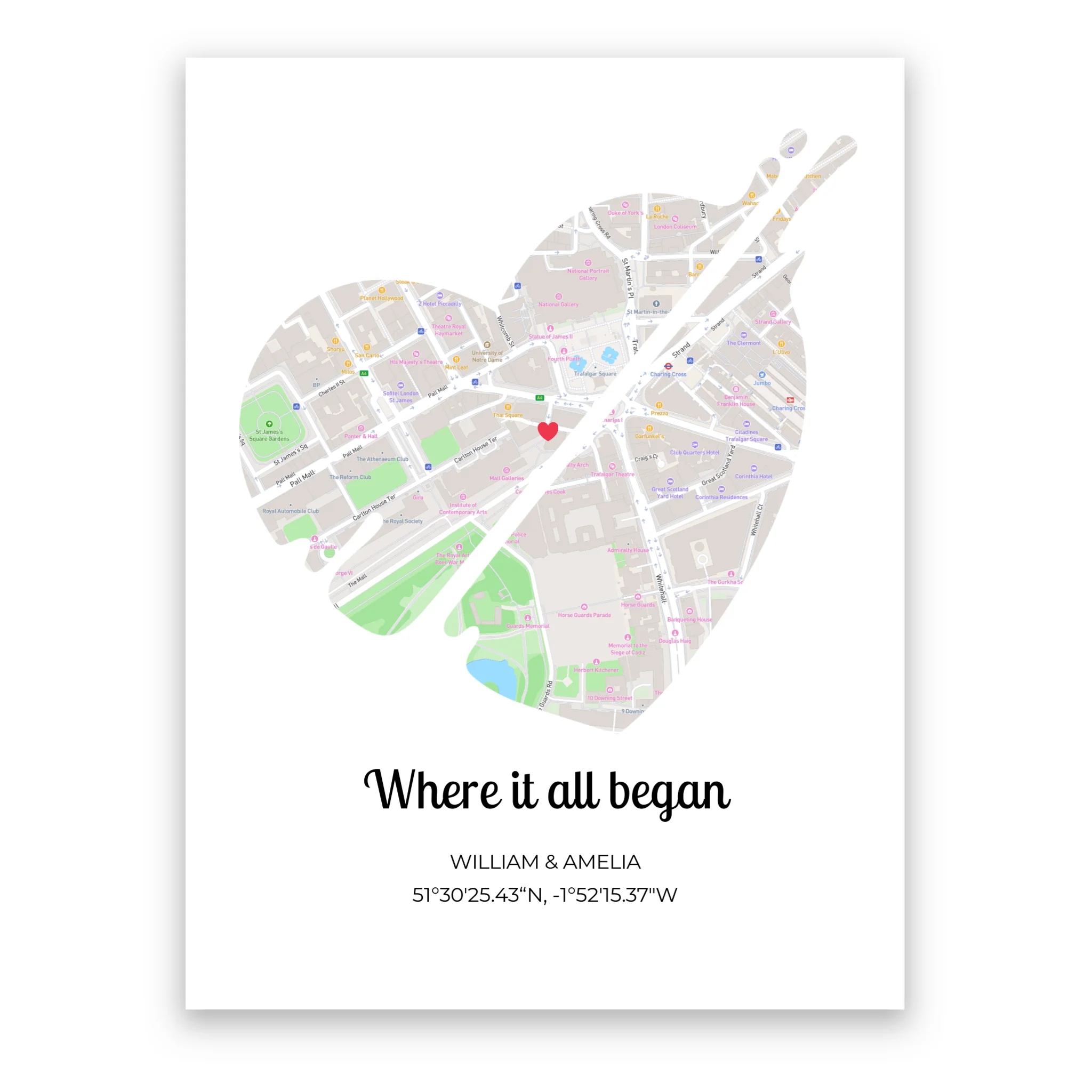 Where It All Began Beating Heart personalised map poster – personalised design example with custom names and date