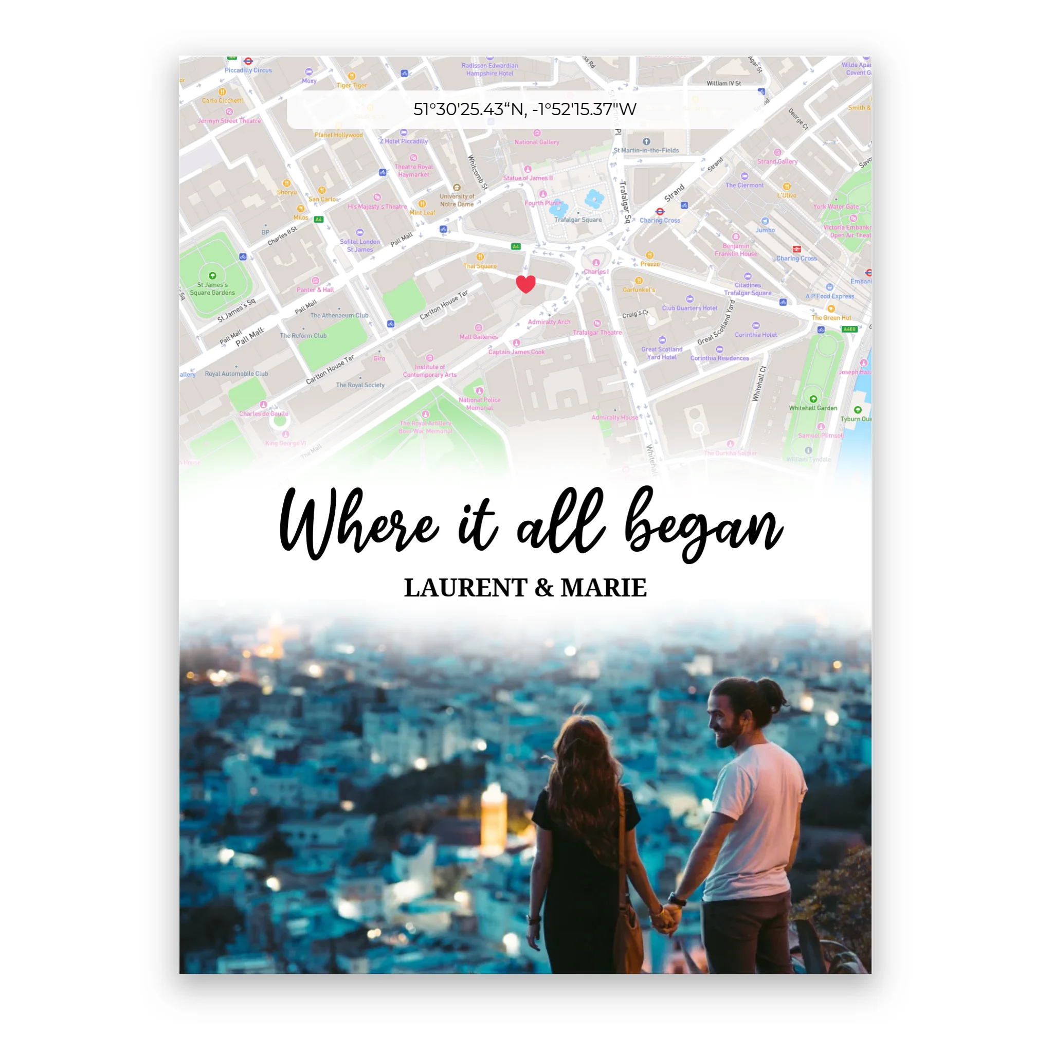 Where It All Began Map and Photo personalised poster – personalised design example with custom names, date and photo