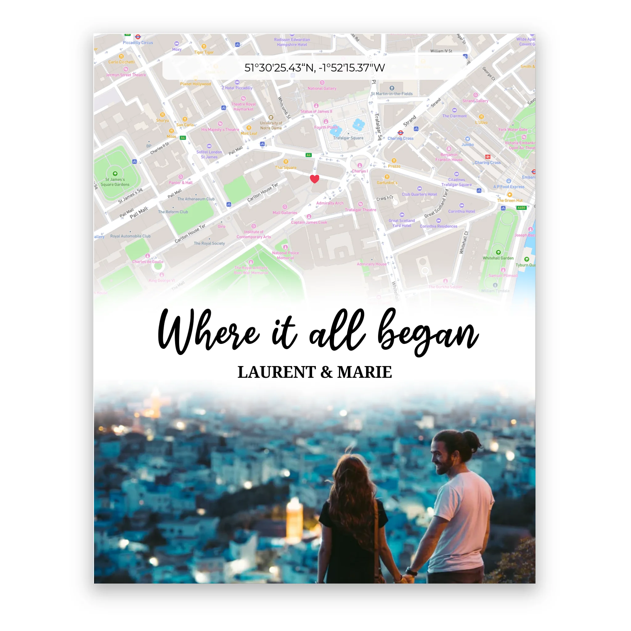Where It All Began Map and Photo personalised poster – anniversary or wedding gift framed print