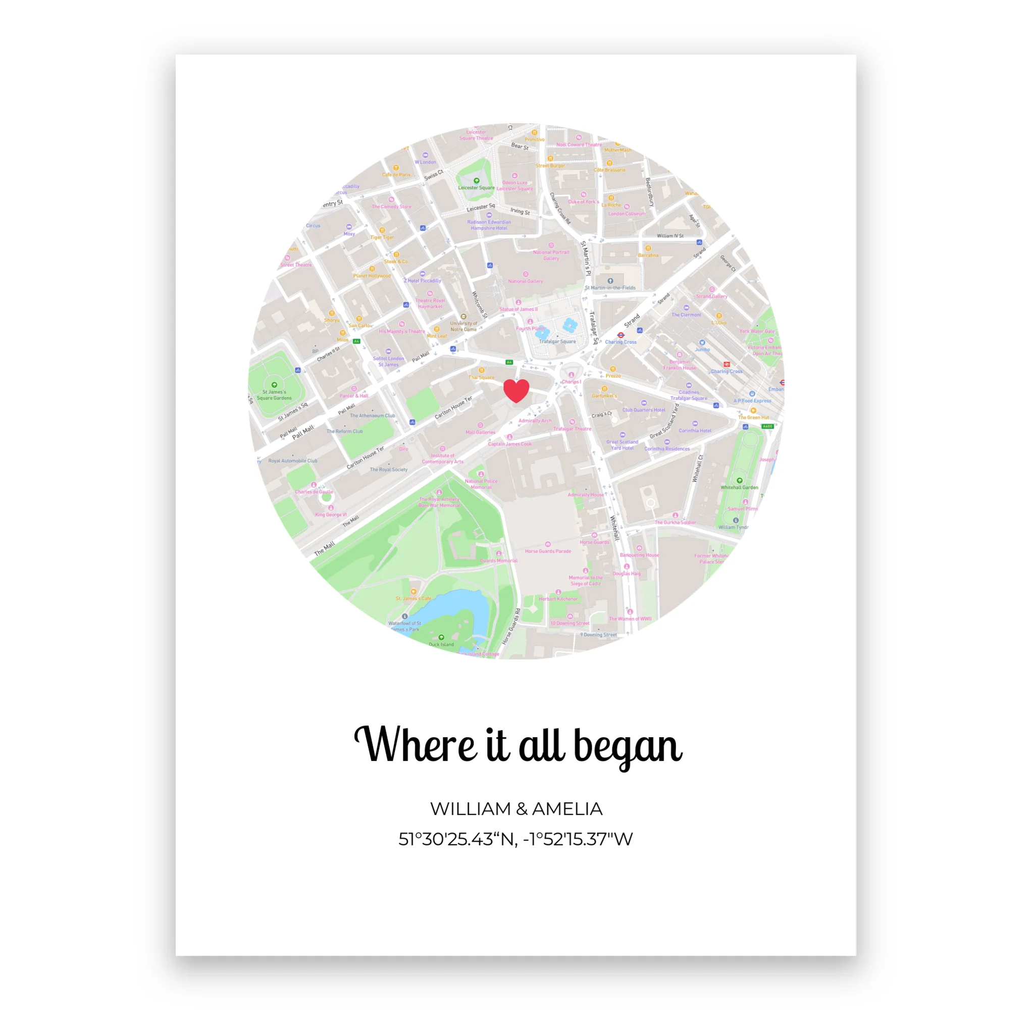 Where It All Began personalised map poster – personalised design example with custom names and date